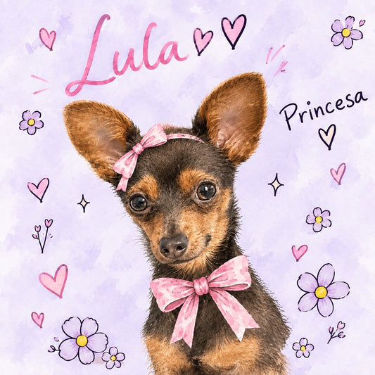 Retrato personalizado estilo Coquette de un perro con lazos rosas y flores