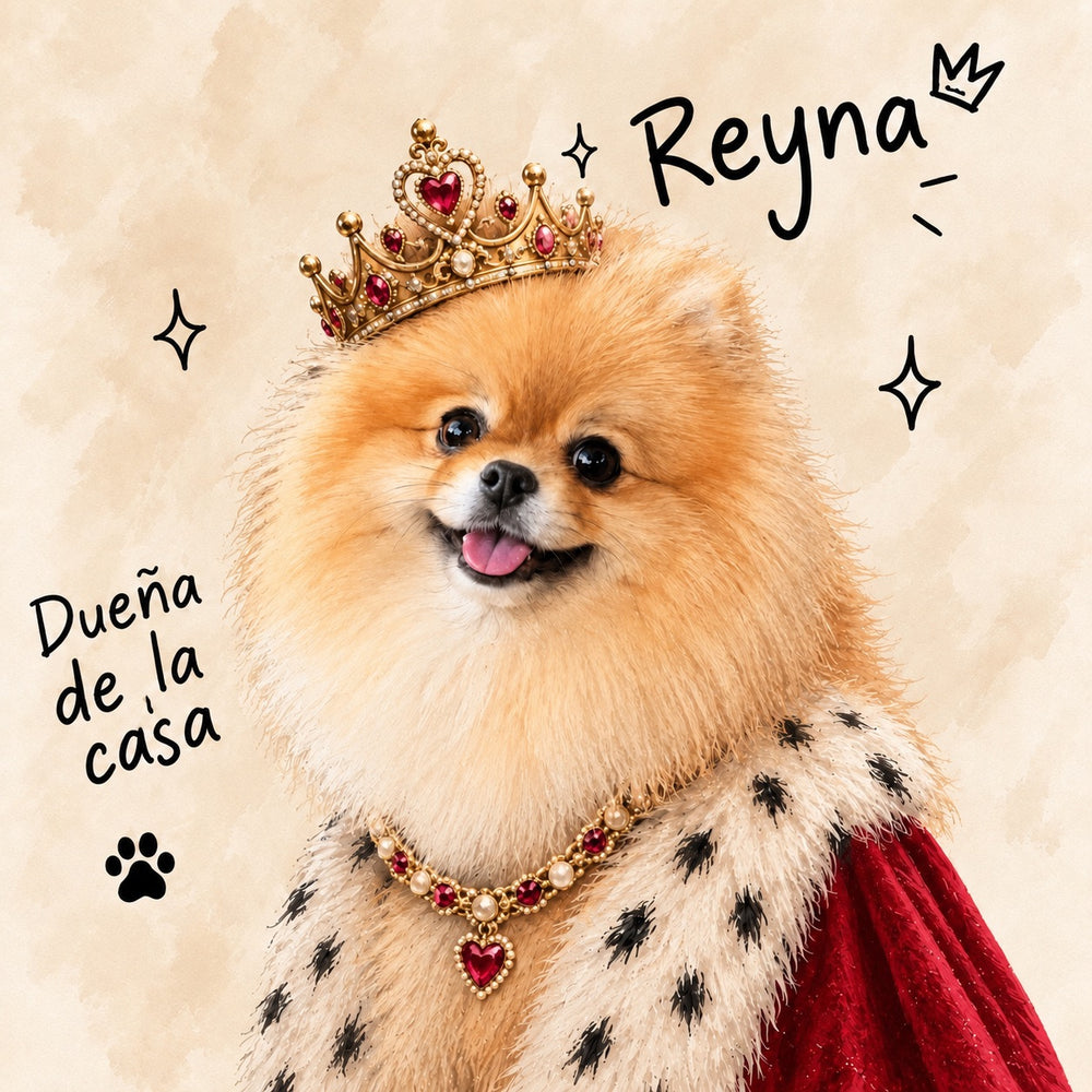 Retrato Rey/Reina de la Casa de un perro con corona dorada