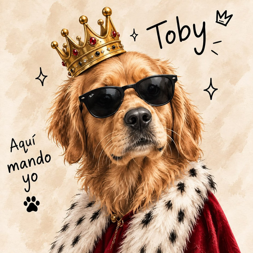 Retrato Rey de la Casa de un golden retriever con corona dorada y gafas de sol